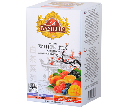 Opakowanie Basilur White Tea Collection z czterema smakami białych herbat cejlońskich.