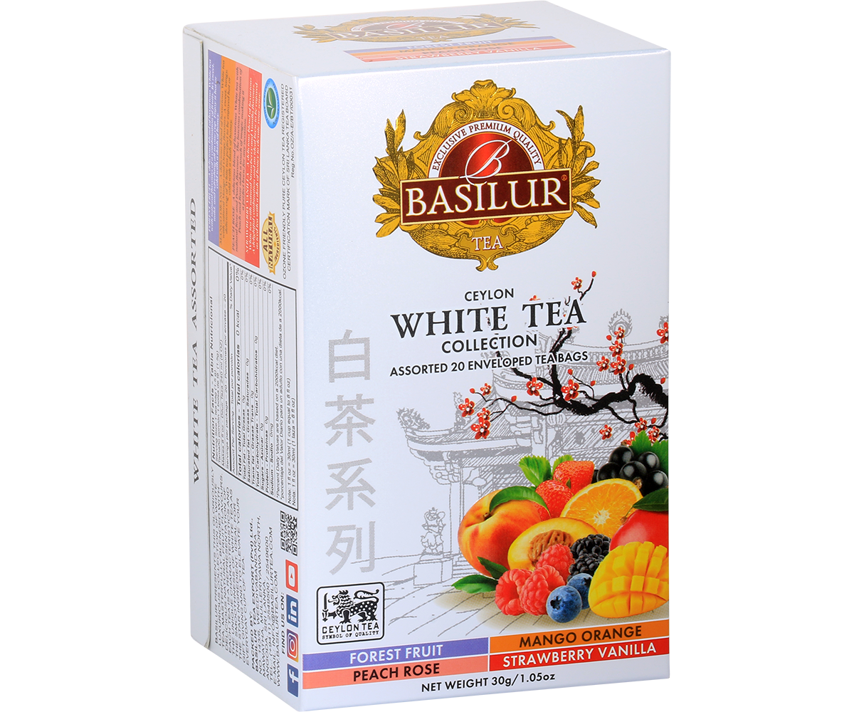 Zestaw białych herbat Basilur White Tea – widok z góry na pudełko i etykiety smaków.