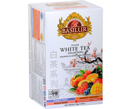 Zestaw białych herbat Basilur White Tea – widok z góry na pudełko i etykiety smaków.