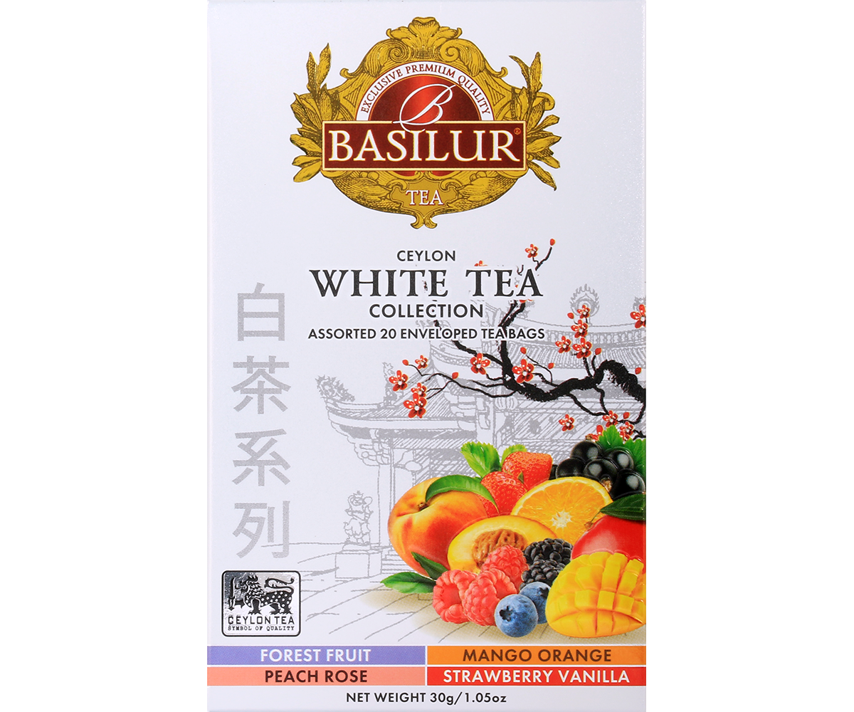 Przód opakowania Basilur White Tea Collection – motyw orientalny i owoce.