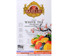 Przód opakowania Basilur White Tea Collection – motyw orientalny i owoce.