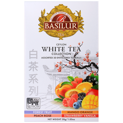 Przód opakowania Basilur White Tea Collection – motyw orientalny i owoce.