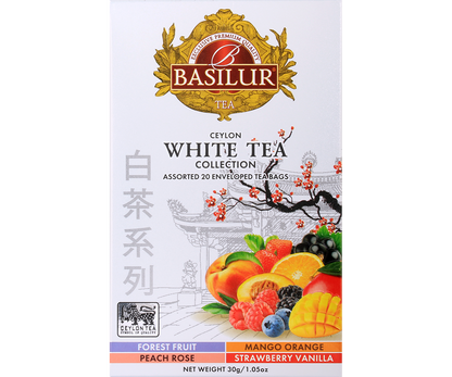 Przód opakowania Basilur White Tea Collection – motyw orientalny i owoce.