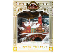 Bok opakowania Basilur Act I: First Snow z dekoracyjnymi złotymi detalami.