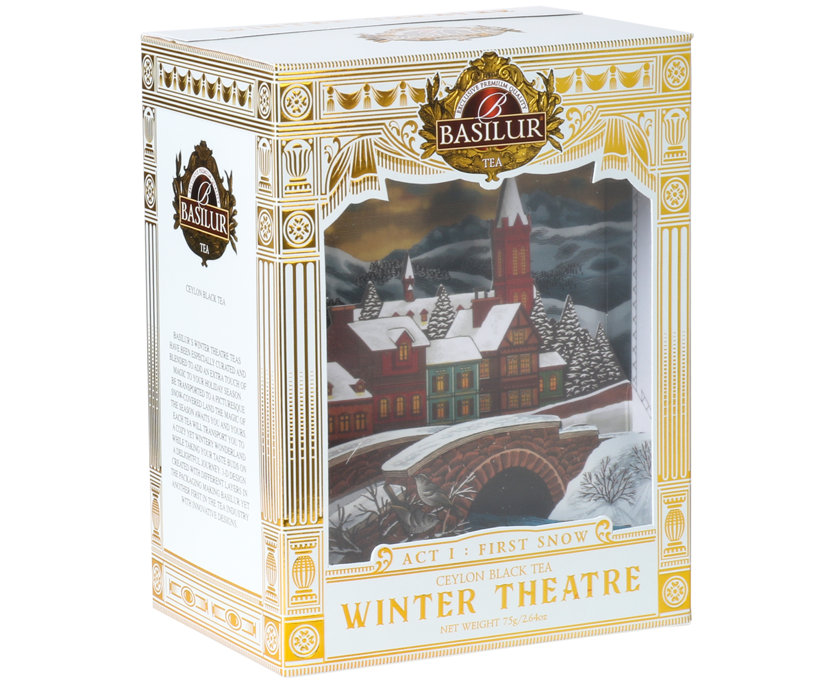 Opakowanie herbaty Basilur Act I: First Snow 75 g z motywem zimowego teatru.