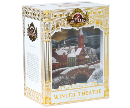 Opakowanie herbaty Basilur Act I: First Snow 75 g z motywem zimowego teatru.
