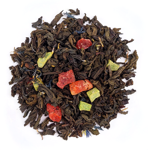 Susz czarnej herbaty Basilur Joyful Hearts z kawałkami owoców i kolorowymi dodatkami.