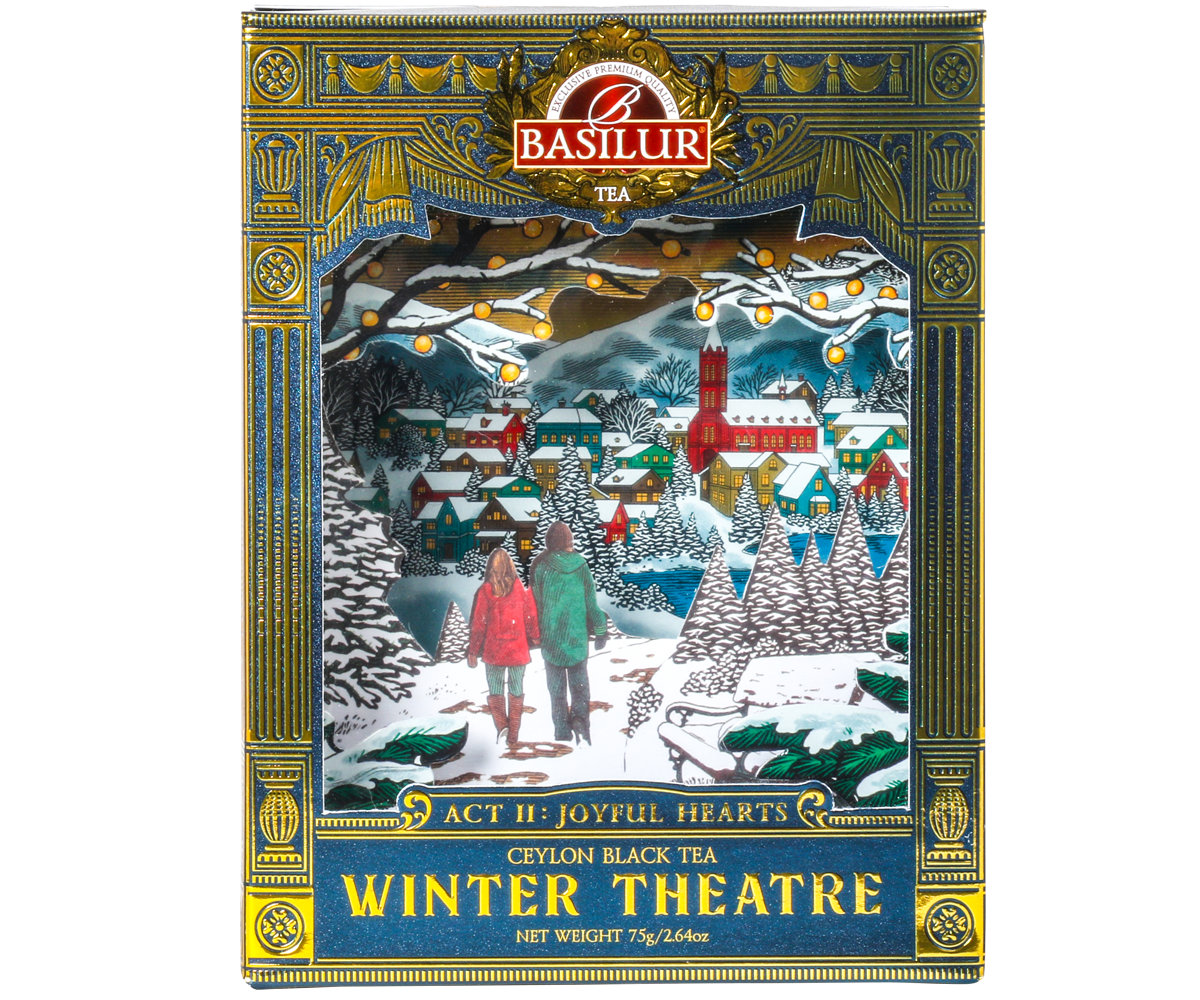 Bok opakowania herbaty Basilur Act II: Joyful Hearts z eleganckim wzorem w stylu teatralnym.