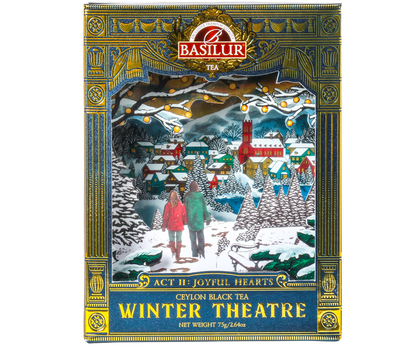 Bok opakowania herbaty Basilur Act II: Joyful Hearts z eleganckim wzorem w stylu teatralnym.