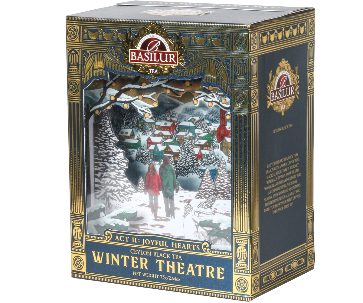 Front pudełka Basilur Act II: Joyful Hearts z ilustracją zimowej sceny i złotymi akcentami.