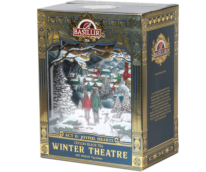 Front pudełka Basilur Act II: Joyful Hearts z ilustracją zimowej sceny i złotymi akcentami.