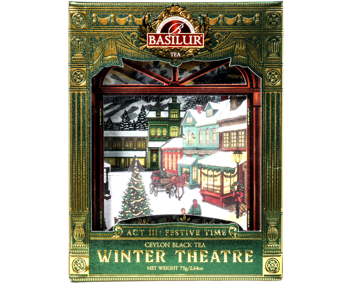 Bok pudełka herbaty Basilur Act III Festive Time w zielono-złotej oprawie.