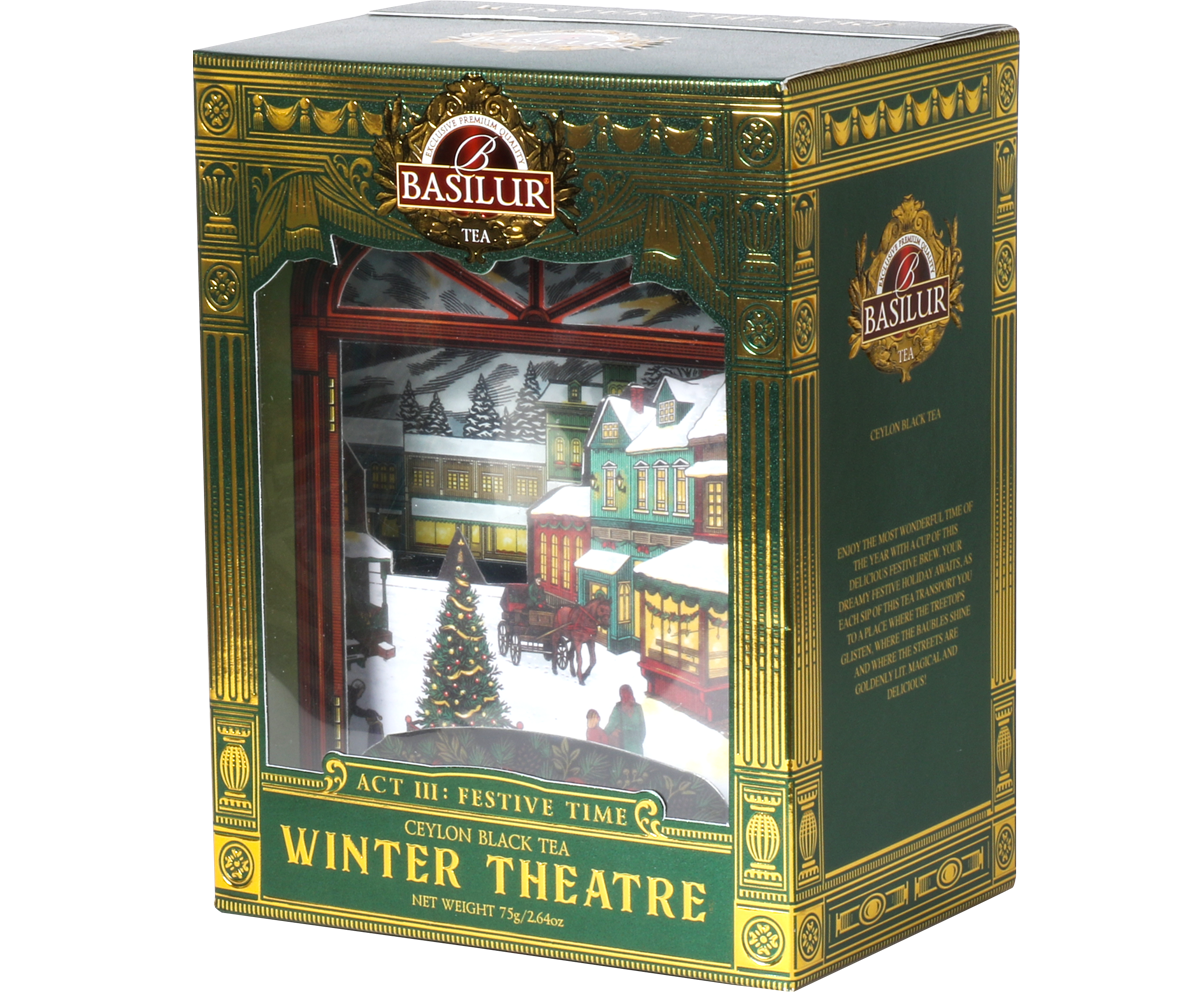 Front opakowania Basilur Act III Festive Time z grafiką świątecznego teatru.