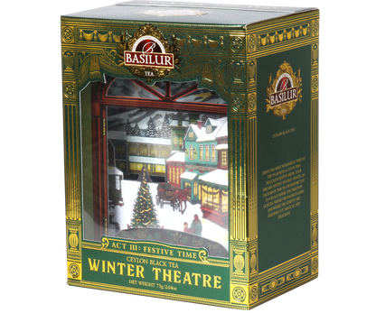 Front opakowania Basilur Act III Festive Time z grafiką świątecznego teatru.