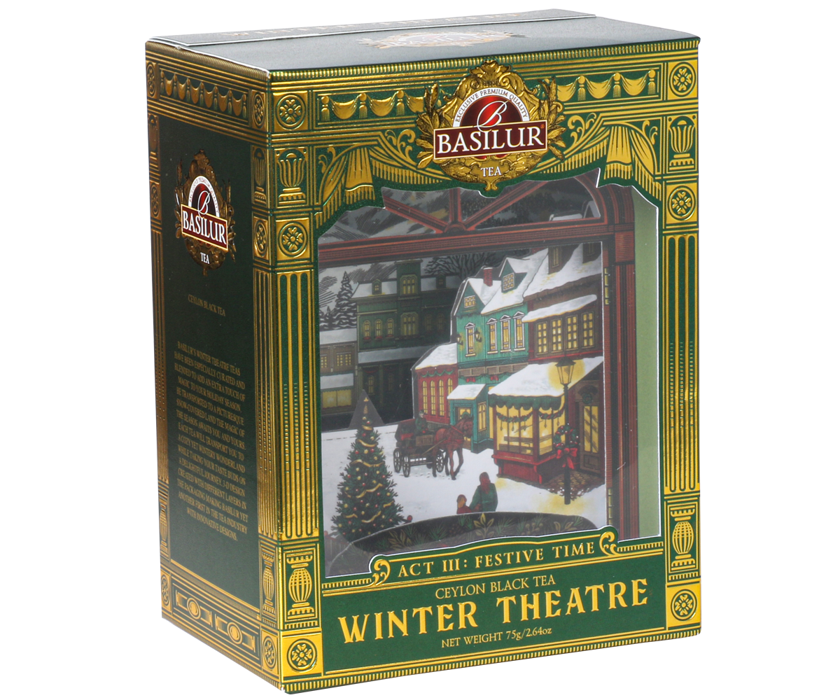 Liście czarnej herbaty Basilur Act III Festive Time z owocami i płatkami kwiatów.