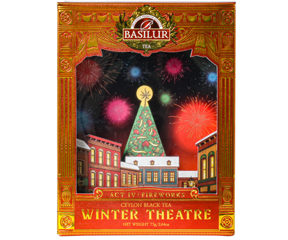 Front pudełka herbaty Basilur Act IV: Fireworks z motywem fajerwerków i choinki.