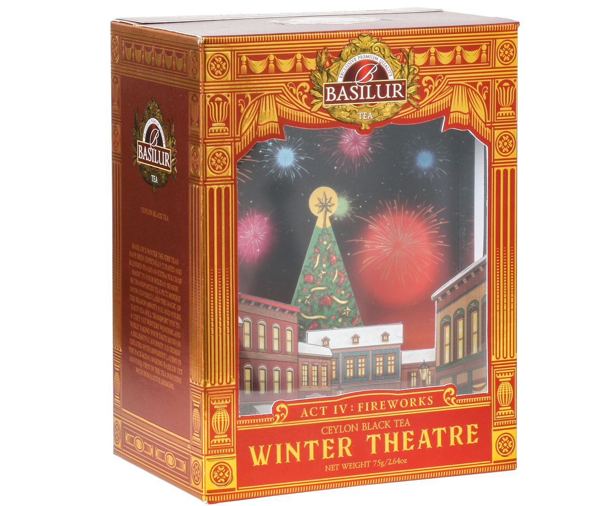 Opakowanie herbaty Basilur Fireworks 75 g z ilustracją zimowego miasta i czerwono-złotymi zdobieniami.