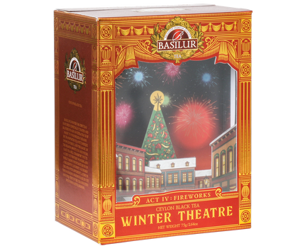 Opakowanie herbaty Basilur Fireworks 75 g z ilustracją zimowego miasta i czerwono-złotymi zdobieniami.