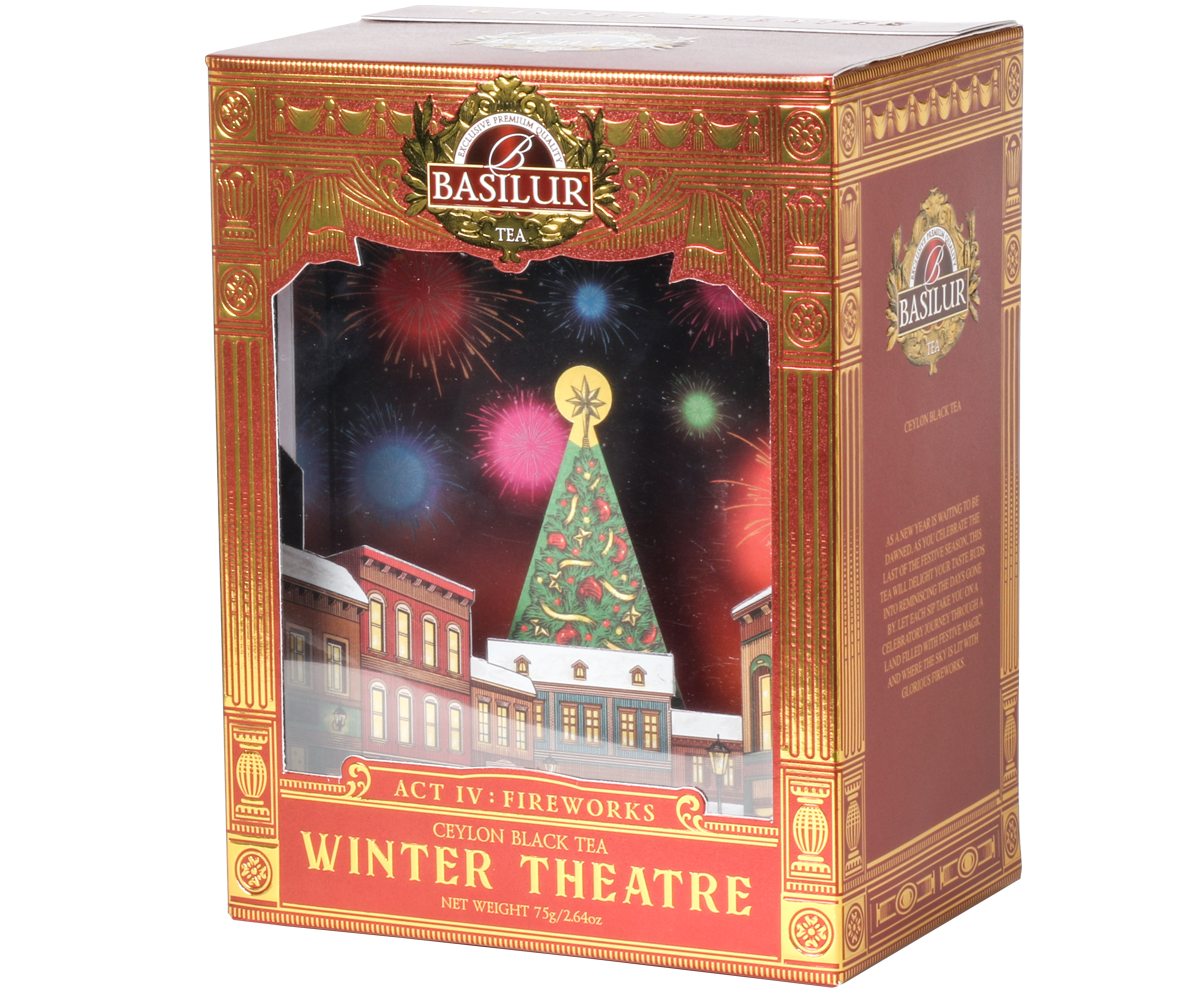 Bok pudełka Basilur Act IV: Fireworks z eleganckim złotym wzorem i logo Basilur.