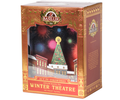 Bok pudełka Basilur Act IV: Fireworks z eleganckim złotym wzorem i logo Basilur.