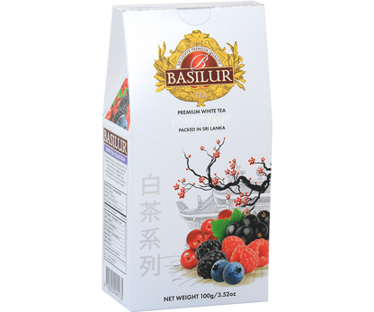 Opakowanie herbaty Basilur Forest Fruit 100 g – biała herbata z aromatem owoców leśnych.