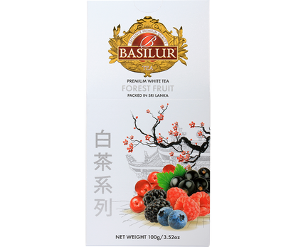 Front pudełka Basilur Forest Fruit – elegancka biała herbata z maliną, porzeczką i jagodą.