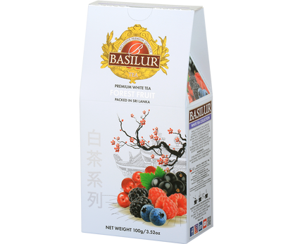 Bok opakowania Basilur Forest Fruit - opis i skład białej herbaty premium z owocami leśnymi.