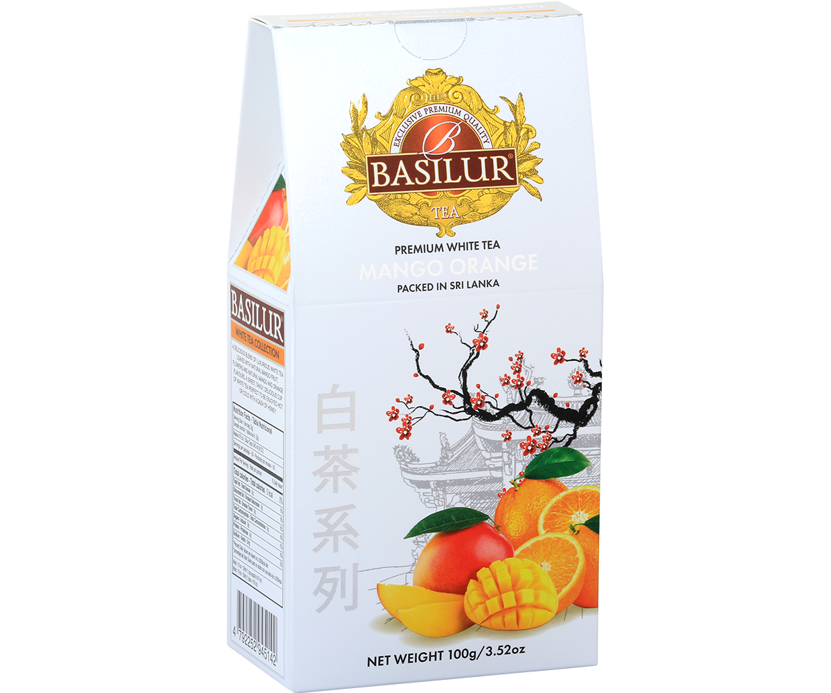 Opakowanie herbaty Basilur Mango Orange 100 g – biała herbata z mango i pomarańczą.