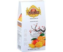 Opakowanie herbaty Basilur Mango Orange 100 g – biała herbata z mango i pomarańczą.
