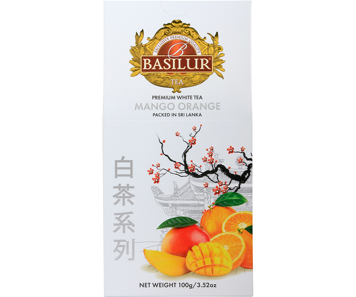 Front pudełka Basilur Mango Orange – elegancka biała herbata o egzotycznym aromacie.
