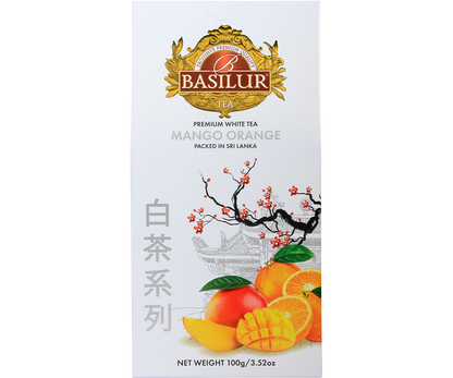 Front pudełka Basilur Mango Orange – elegancka biała herbata o egzotycznym aromacie.