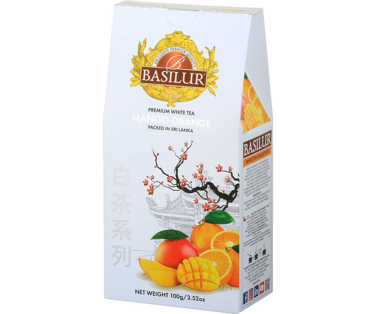 Bok opakowania Basilur Mango Orange – skład i informacje o białej herbacie z mango i pomarańczą.