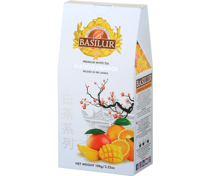 Bok opakowania Basilur Mango Orange – skład i informacje o białej herbacie z mango i pomarańczą.