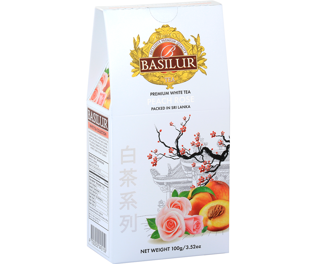 Opakowanie herbaty Basilur Peach Rose 100 g z motywem róż i brzoskwiń – elegancka biała herbata premium.