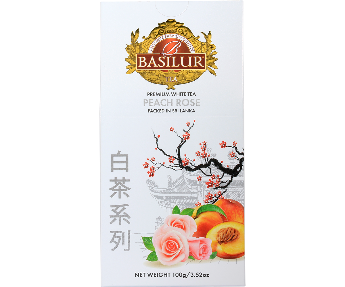 Front pudełka Basilur Peach Rose – biała herbata z aromatem róży i brzoskwini, produkt ze Sri Lanki.