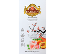 Front pudełka Basilur Peach Rose – biała herbata z aromatem róży i brzoskwini, produkt ze Sri Lanki.