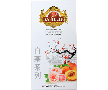 Front pudełka Basilur Peach Rose – biała herbata z aromatem róży i brzoskwini, produkt ze Sri Lanki.