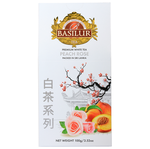 Front pudełka Basilur Peach Rose – biała herbata z aromatem róży i brzoskwini, produkt ze Sri Lanki.