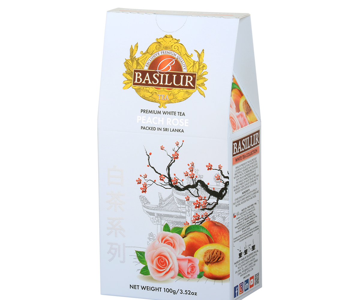 Bok opakowania Basilur Peach Rose – opis i skład herbaty białej z brzoskwinią i różą.