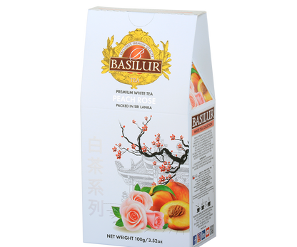 Bok opakowania Basilur Peach Rose – opis i skład herbaty białej z brzoskwinią i różą.