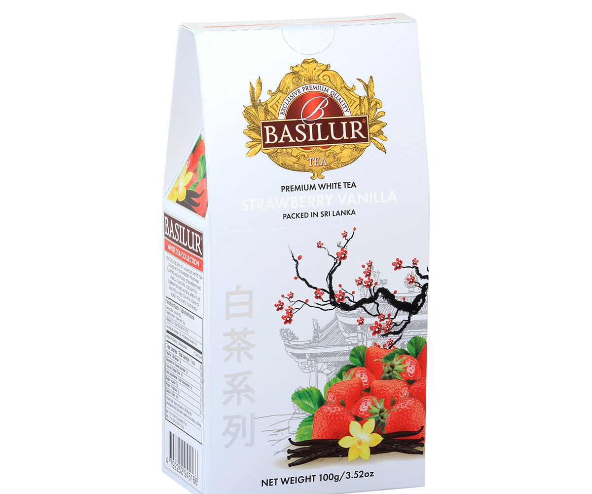 Opakowanie herbaty Basilur Strawberry Vanilla 100 g – biała herbata z truskawką i wanilią.