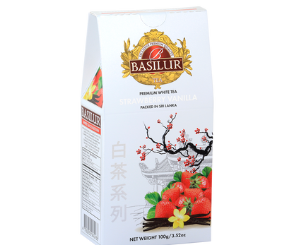 Opakowanie herbaty Basilur Strawberry Vanilla 100 g – biała herbata z truskawką i wanilią.