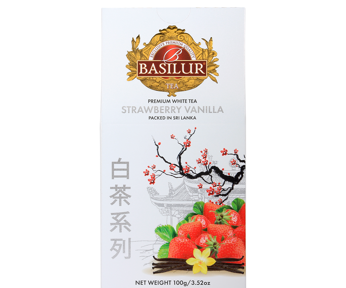 Front pudełka Basilur Strawberry Vanilla – elegancka biała herbata o owocowo-waniliowym aromacie.