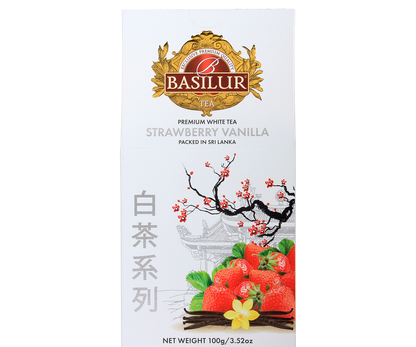 Front pudełka Basilur Strawberry Vanilla – elegancka biała herbata o owocowo-waniliowym aromacie.