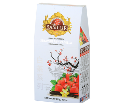 Bok opakowania Basilur Strawberry Vanilla – skład i informacje o białej herbacie premium ze Sri Lanki.