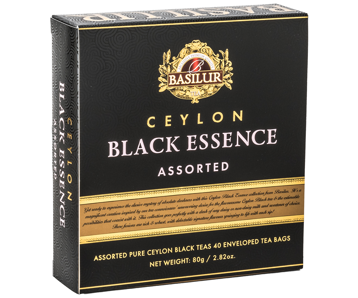 Zbliżenie pudełka Basilur Ceylon Black Essence z detalami złotego zdobienia.