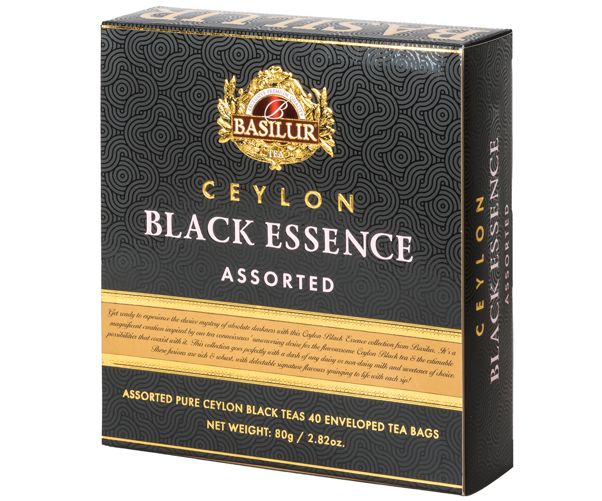 Herbata Basilur Black Essence – widok zestawu czterech rodzajów herbat w eleganckiej prezentacji.