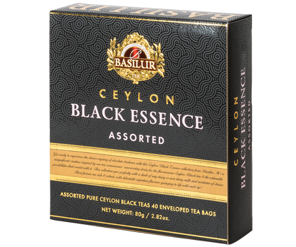 Herbata Basilur Black Essence – widok zestawu czterech rodzajów herbat w eleganckiej prezentacji.