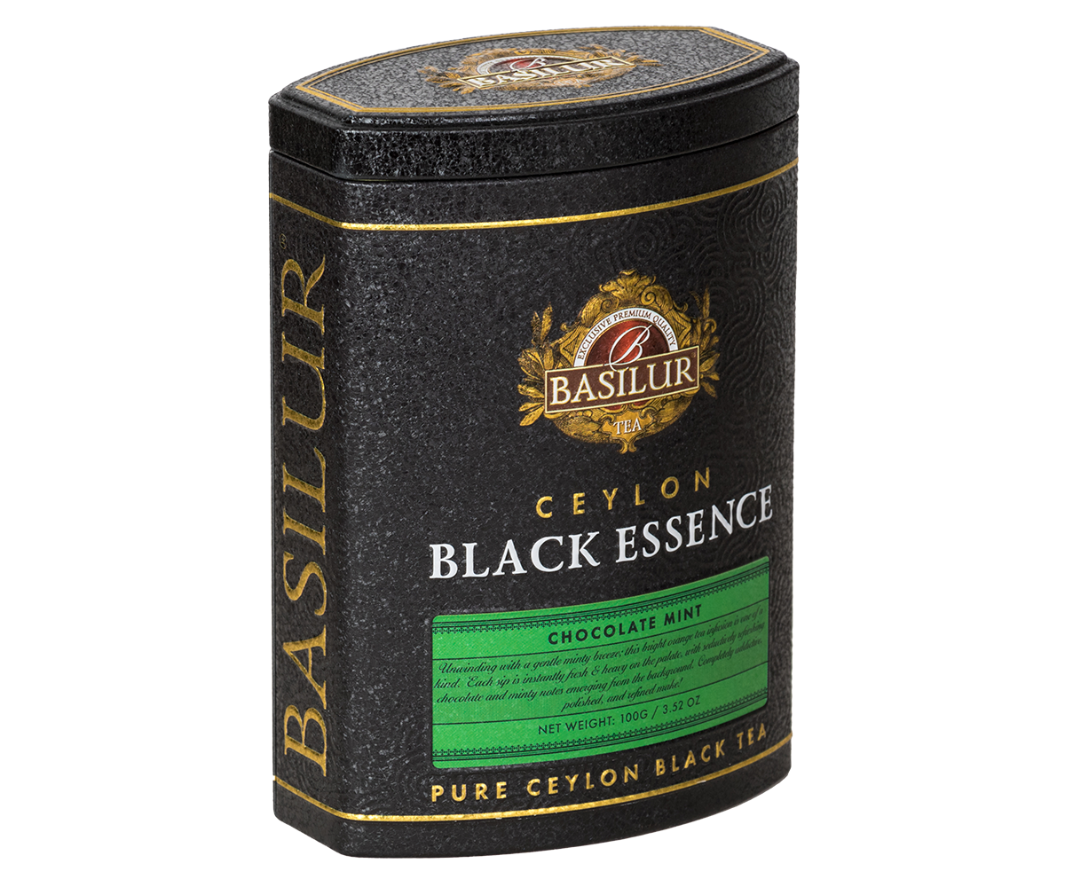 Bok puszki Basilur Black Essence Chocolate Mint – ekskluzywne opakowanie czarnej herbaty cejlońskiej.
