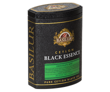 Bok puszki Basilur Black Essence Chocolate Mint – ekskluzywne opakowanie czarnej herbaty cejlońskiej.